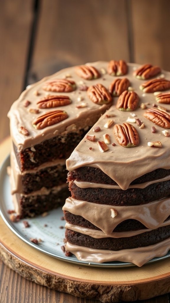 A layered German chocolate cake with coconut-pecan frosting, slice cut out, on a rustic wooden table.